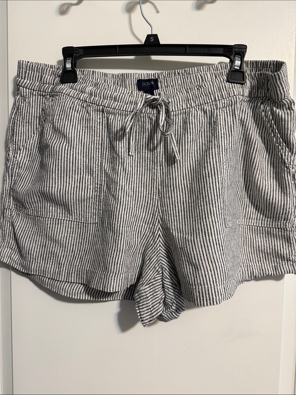 J. Crew Black and White Pinstripe High-Rise Drawstring Shorts